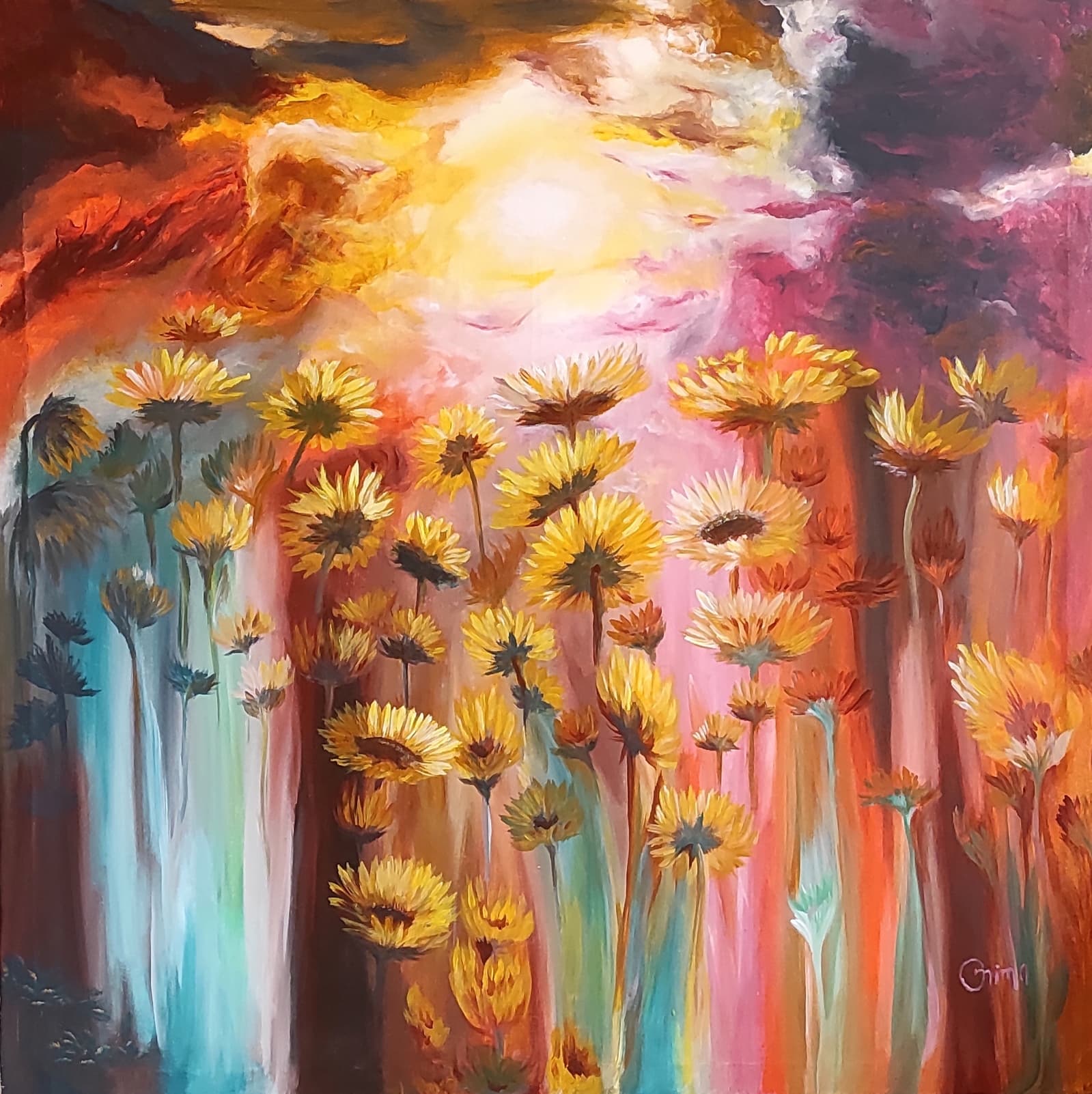 Sunflowers at Dusk, 2021, acrylic on canvas, by Omima Aboelnasr