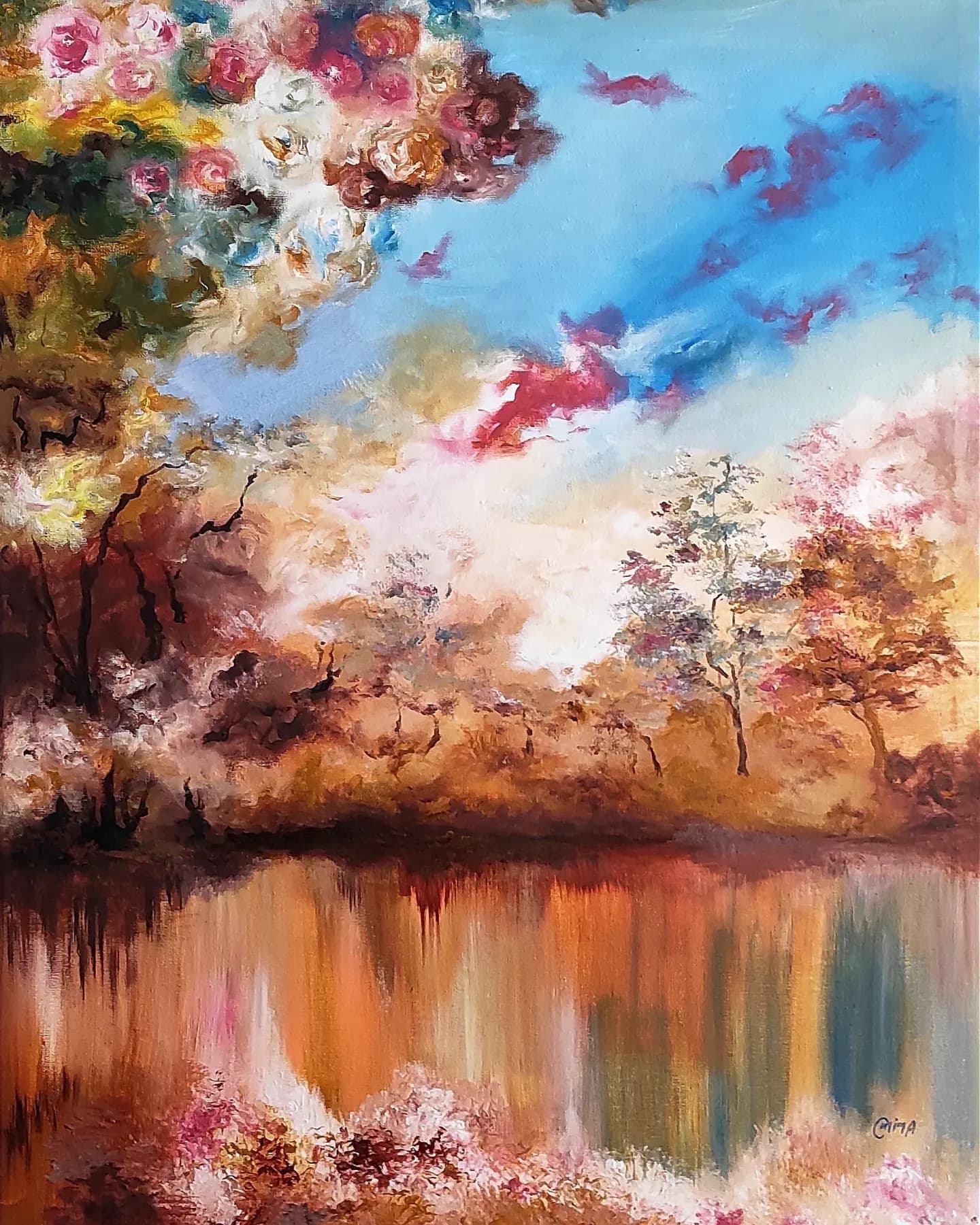 Autumn Lake, 2023, acrylic on canvas, by Omima Aboelnasr